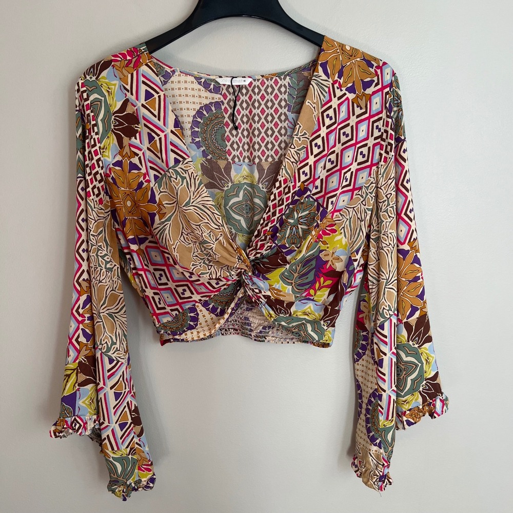 Zara Patchwork Print Boho Twist Front Cropped Bell Sleeve V-Neck Hippie Festival